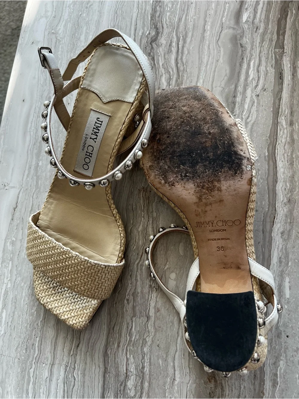 Jimmy Choo Cream Woven Raffia Sandals with Silver Studded Ankle Strap - Picture 6 of 10